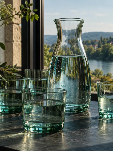 Clear glass tumblers and a carafe of water on a dark table